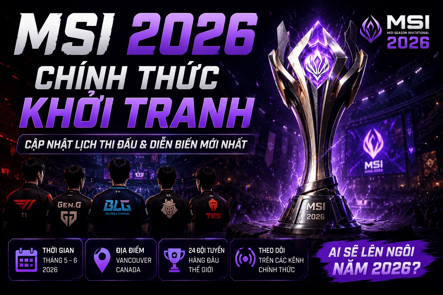 Cập nhật lịch thi đấu MSI 2026 LMHT tại Hàn Quốc, thể thức thi đấu, danh sách 8 đội tham dự và diễn biến mới nhất từ Nexora Gaming.
