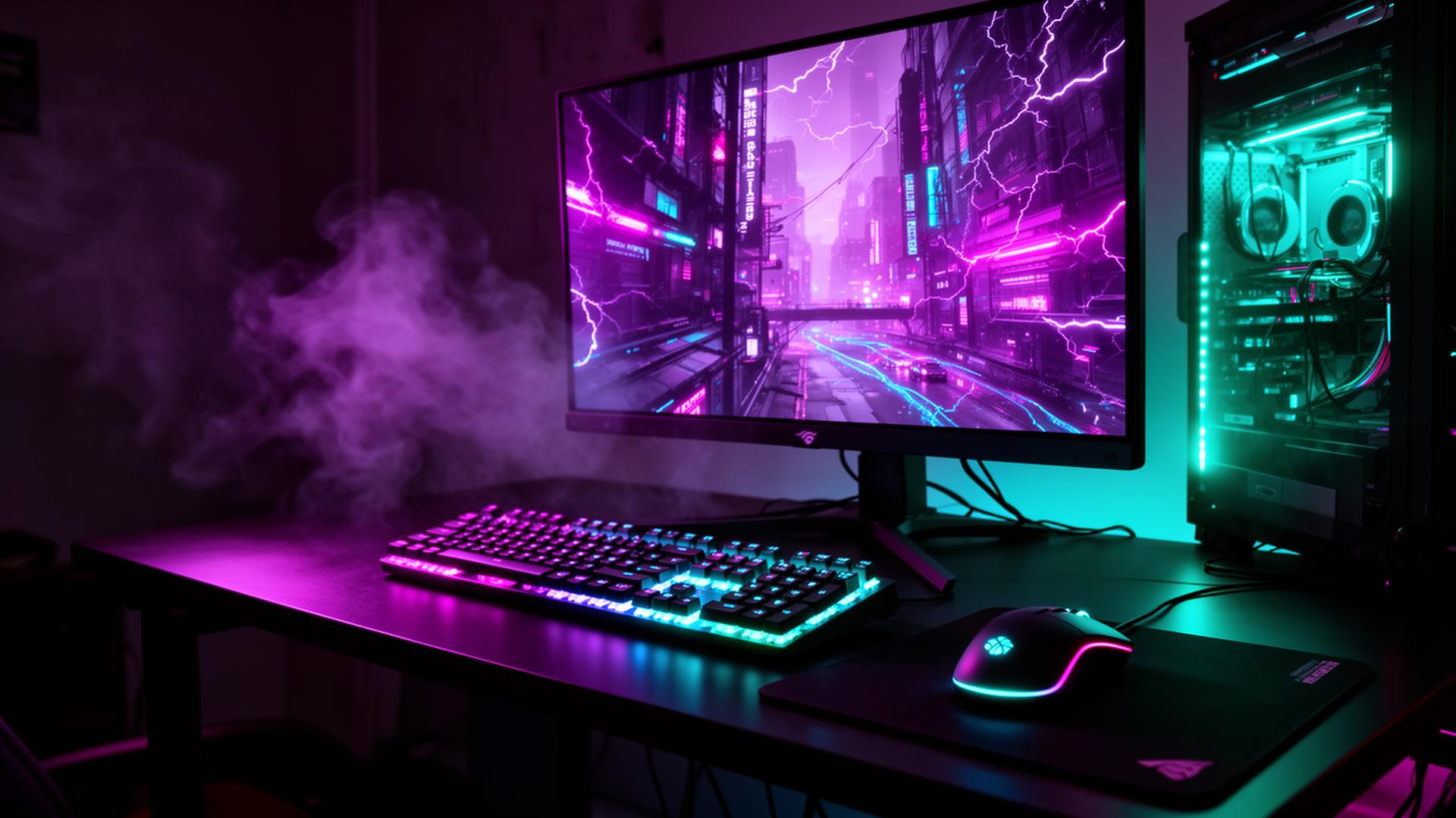 Cyberpunk gaming setup with neon RGB lighting